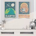 Earth and Mercury Decorative Posters on White Wall with Ornaments 3d model