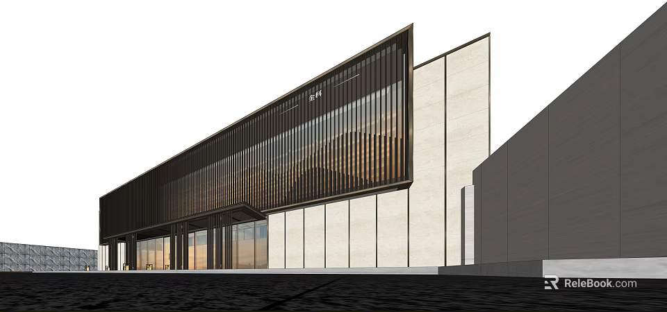 Modern Sales Office Building With Glass Facade And Metal Strip Design 3d model 