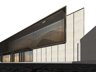 Modern Sales Office Building With Glass Facade And Metal Strip Design 3d model