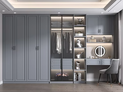 Modern Gray Wardrobe Interior With Glass Door Hanging Clothes Drawers Open Shelves And Dressing Table 3d model