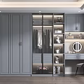 Modern Gray Wardrobe Interior With Glass Door Hanging Clothes Drawers Open Shelves And Dressing Table