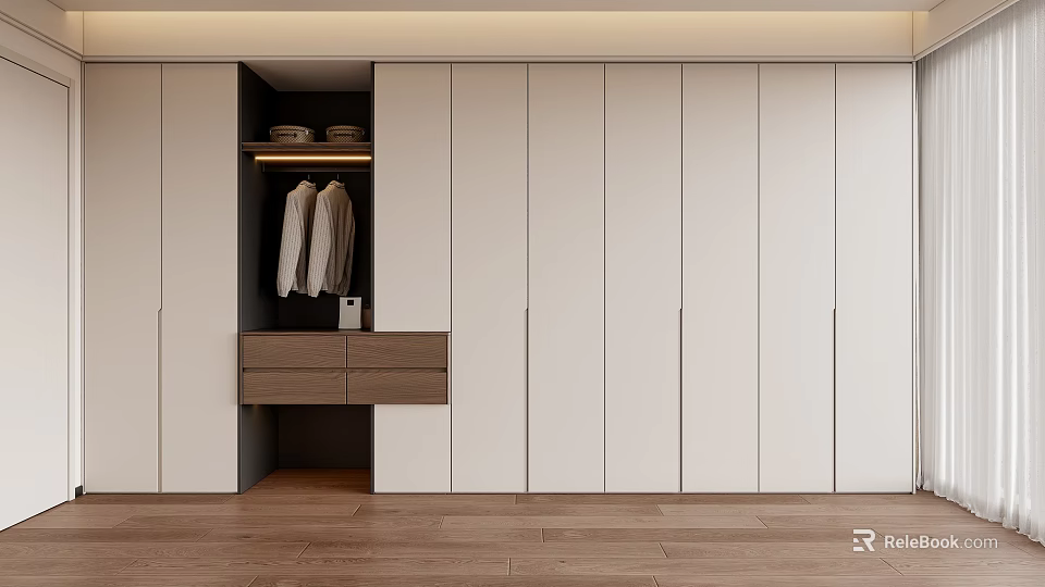 Modern White Wardrobe With Open Storage Section Hanging Clothes And Wooden Drawers 3d model 