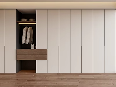 Modern White Wardrobe With Open Storage Section Hanging Clothes And Wooden Drawers 3d model