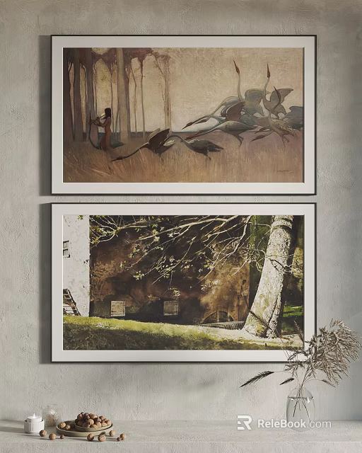 Framed Artworks Hanging on Wall with Forest Figure Birds and Natural Landscape 3d model 