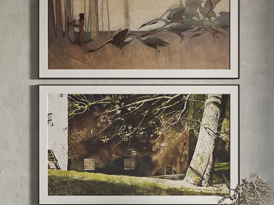 Framed Artworks Hanging on Wall with Forest Figure Birds and Natural Landscape 3d model