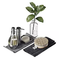 Modern Bathroom Accessories Set with Lighted Mirror Makeup Brushes and Green Plant