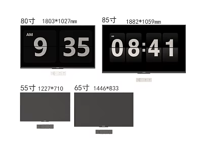 Different Size Television Sets With Dimension Details And Time Display Screens 3d model