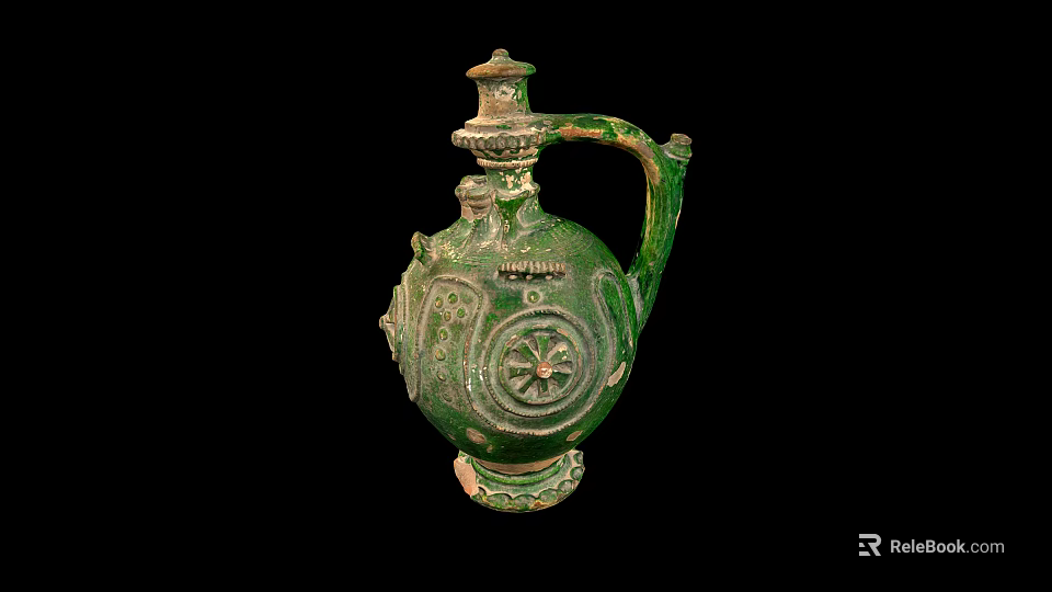 Ancient Green Ceramic Vessel With Ornate Carvings Handle And Decorative Lid 3d model 