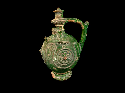 Ancient Green Ceramic Vessel With Ornate Carvings Handle And Decorative Lid 3d model