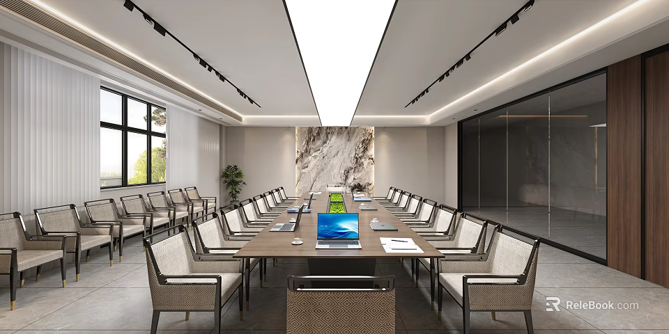 Modern Conference Room With Long Table Laptop Documents Chairs Natural Light And Green Plants 3d model 