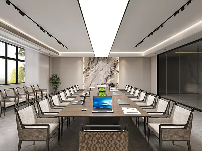 Modern Conference Room With Long Table Laptop Documents Chairs Natural Light And Green Plants 3d model