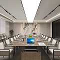 Modern Conference Room With Long Table Laptop Documents Chairs Natural Light And Green Plants