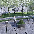 Garden Landscape with Trees Green Plants People Sitting on Benches and Stone Pavement