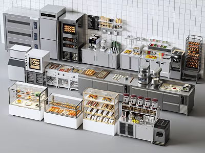 Commercial Kitchen Equipment With Stainless Steel Display Cases Ovens Coffee Machines And Storage Racks 3d model