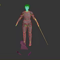 A Woman in Silver Armor Holding a Sword with Red Cloth Fragments on Gray Background