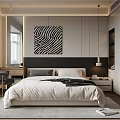 Modern Bedroom Interior With Large Bed White Sheets Gray Pillows And Zebra Print Wall Art