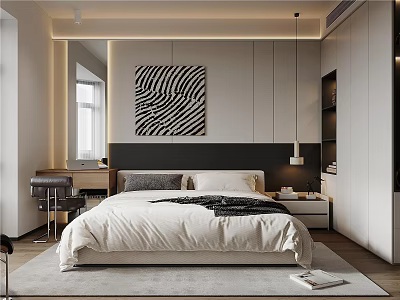 Modern Bedroom Interior With Large Bed White Sheets Gray Pillows And Zebra Print Wall Art 3d model