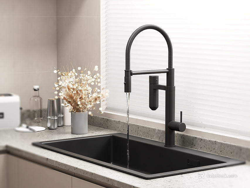 Black Kitchen Faucet with Running Water in Modern Black Sink Space and Decorative Dried Flowers 3d model 