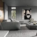 Modern Living And Dining Room Interior With Gray Sofa Dining Table Artwork And Lighting 3d model