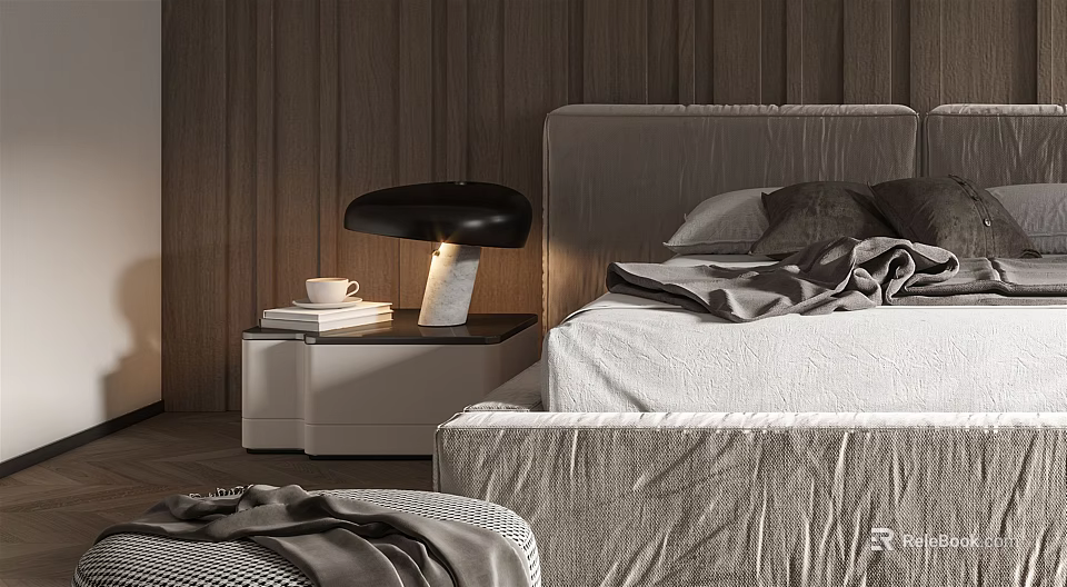 Modern Cozy Bedroom Interior Design With Wooden Wall Minimalist Bed Frame And Nightstand Table Lamp 3d model 
