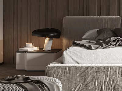 Modern Cozy Bedroom Interior Design With Wooden Wall Minimalist Bed Frame And Nightstand Table Lamp 3d model