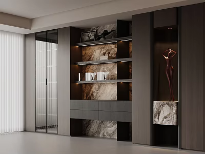 Modern Bookcase with Glass Doors Marble Panels Open Shelves Drawers LED Lighting and Decorative Sculpture 3d model