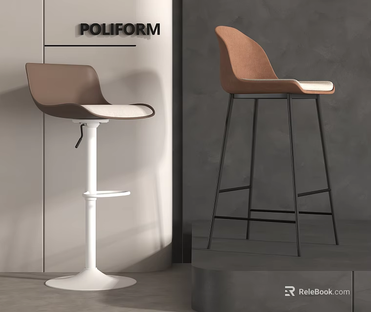 Modern Bar Stools With Brown White Black Upholstered Seats And Metal Frame In Minimalist Interior 3d model 
