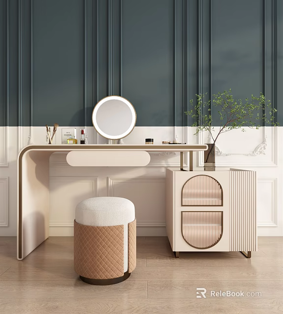 Beige Dressing Table With Round Mirror Upholstered Stool And Dark Green Wall Paneling 3d model 