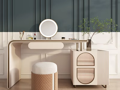 Beige Dressing Table With Round Mirror Upholstered Stool And Dark Green Wall Paneling 3d model