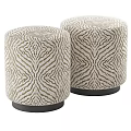 Two Decorative Patterned Ottomans With Cream Gold Stripes And Black Bases 3d model