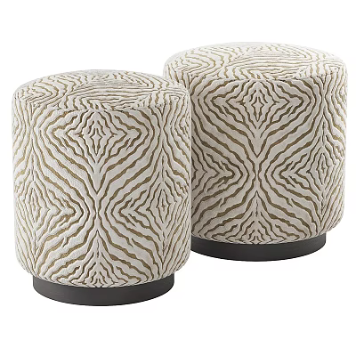 Two Decorative Patterned Ottomans With Cream Gold Stripes And Black Bases 3d model