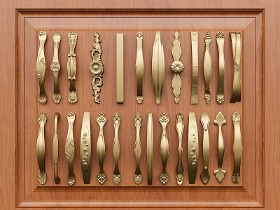 Collection of Golden Handles With Different Designs Displayed On Wooden Background 3d model
