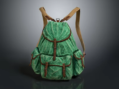 Green Textured Backpack With Brown Straps And Multiple Pockets Design 3d model