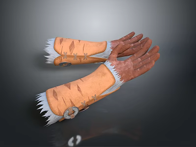 Sturdy Orange Gauntlets with White Fur Trim and Decorative Stitching as Protective Weapon Gear 3d model