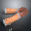 Sturdy Orange Gauntlets with White Fur Trim and Decorative Stitching as Protective Weapon Gear