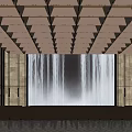 Modern Conference Room With Waterfall Background Screen Arranged Chairs Grid Ceiling Lighting And Textured Walls