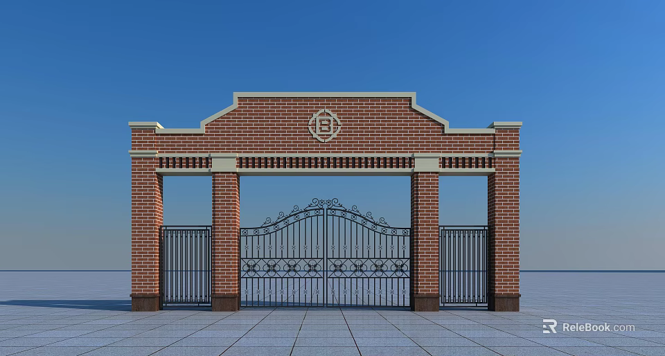 Ornate Brick Gate With Wrought Iron Design And Decorative Top Structure 3d model
