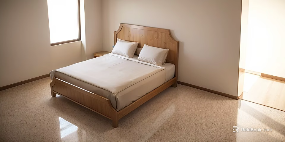 Wooden Double Bed With Stylish Headboard Light Colored Bedding And Nightstand In Bright Bedroom 3d model 