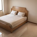 Wooden Double Bed With Stylish Headboard Light Colored Bedding And Nightstand In Bright Bedroom