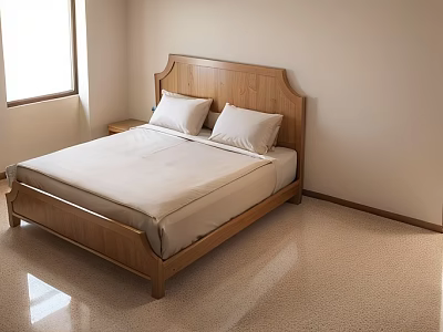 Wooden Double Bed With Stylish Headboard Light Colored Bedding And Nightstand In Bright Bedroom 3d model