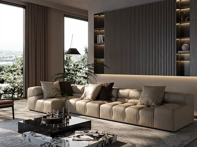 Modern Living Room With Beige Tufted Sofa Black Cushions Marble Coffee Table And Accent Wall 3d model