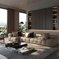 Modern Living Room With Beige Tufted Sofa Black Cushions Marble Coffee Table And Accent Wall