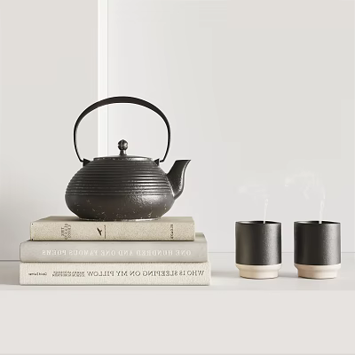 Modern Black Tea Set With Striped Teapot Two Cups Light Colored Bases On Stacked Books 3d model
