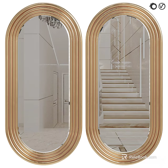 Two Oval Shaped Mirrors With Golden Frames Reflecting Interior Space 3d model