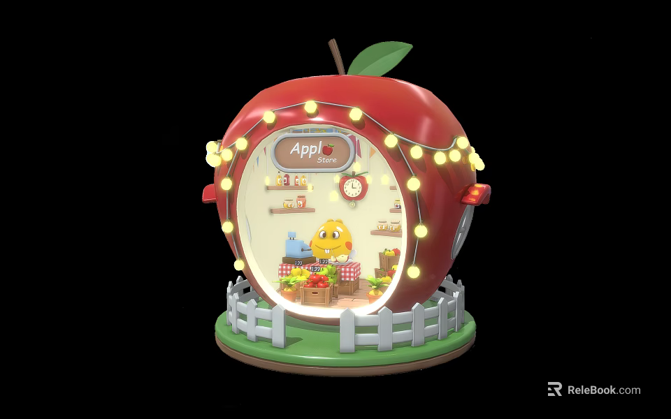 Cartoon Scene Red Apple Shaped Building with String Lights White Picket Fence and Inside Chicken 3d model 