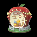 Cartoon Scene Red Apple Shaped Building with String Lights White Picket Fence and Inside Chicken