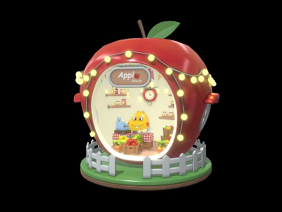Cartoon Scene Red Apple Shaped Building with String Lights White Picket Fence and Inside Chicken 3d model
