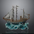 Decorative Sailing Ship Model With White Sails Blue Wave Base And Intricate Design