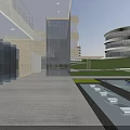Modern Office Building Architectural Design With Water Pond Green Lawn And Reflections