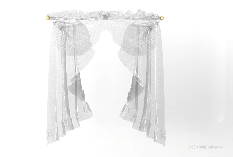 White Sheer Curtains with Ruffled Top and Decorative Gold Finials for Elegant Window Treatment 3d model 